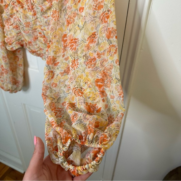 FREE PEOPLE Mabel Floral Print Yellow Orange Ruched Long Sleeve Top Bohemian XS - Picture 8 of 12